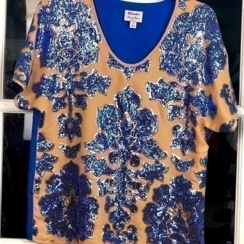 Blue & tan Sequin Blouse Tracy Reese New York